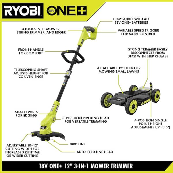 RYOBI ONE 18 Volt 12 in. Cordless 3 in 1 Trim Mower with Extra 3 Pack of Spools 4.0 Ah Battery and Charger P20160 AC80RL3