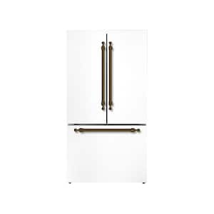 36 in. TTL 20.3 CF Freestanding Counter-Depth French Door Refrigerator, Freezer-Ice Maker, White W-Classico Bronze Trim