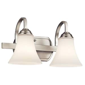 Keiran 14 in. 2-Light Brushed Nickel Transitional Bathroom Vanity Light with Satin Etched White Glass