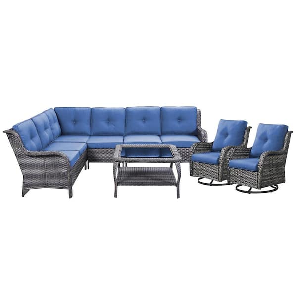 5-Piece Curved Armrest Rattan Wicker Patio Conversation Outdoor Corner Sofa Seating Set with Cushions (Gray/Blue)