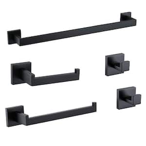 5-Piece Bath Hardware Set with Towel Bar Toilet Paper Holder Double Towel Hook in Stainless Steel Matte Black