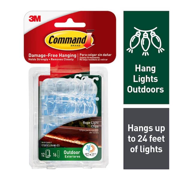 Command Outdoor Rope Light Clips, Clear, Damage Free Decorating, 12 Clips and 16 Strips
