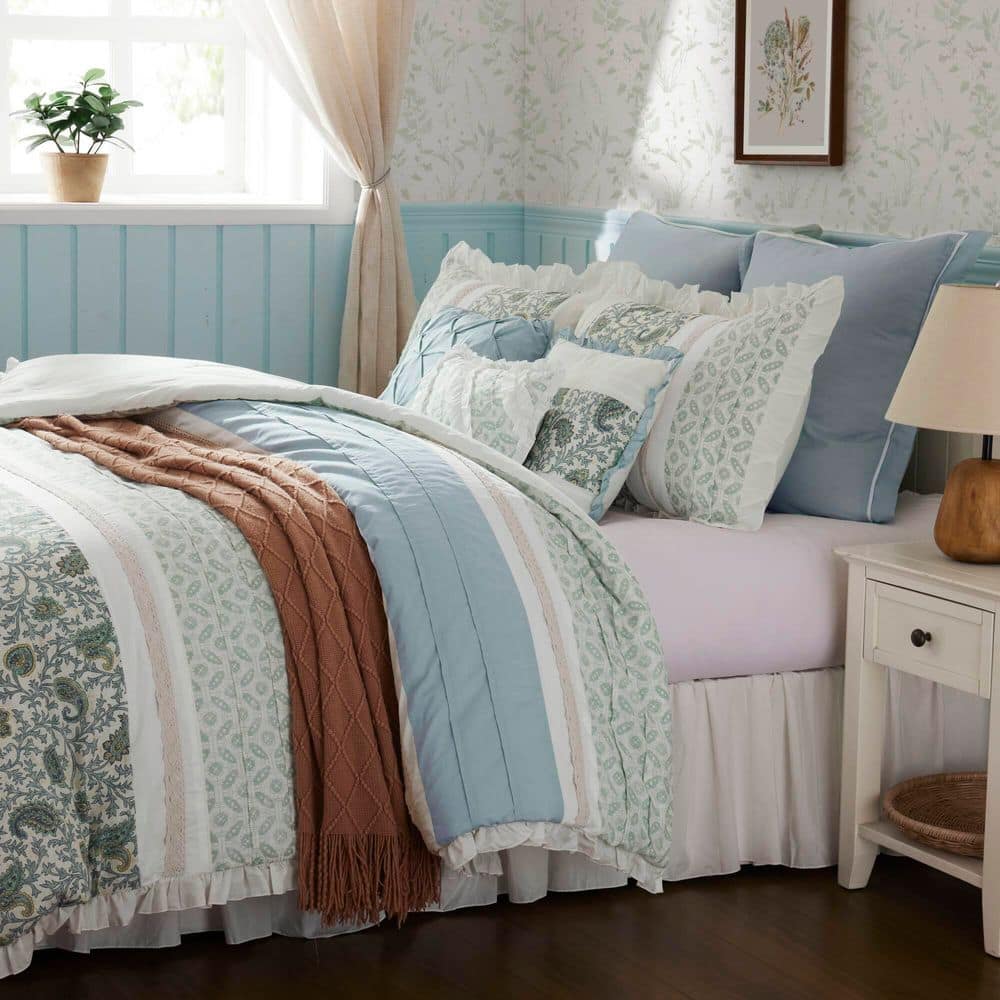 California King Blue Cotton Floral Comforter Set