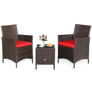 3-Pieces Outdoor Rattan Conversation Set Patio Furniture Set with Red Cushions