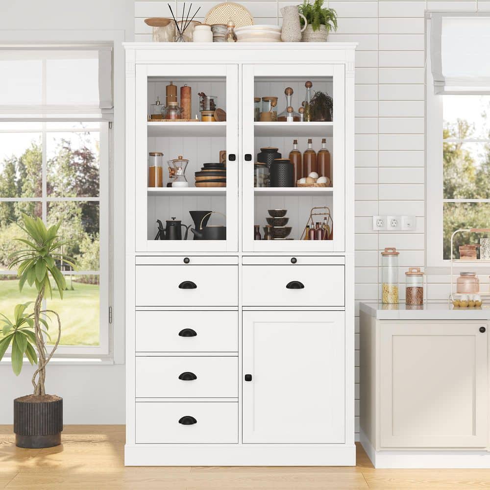 White MDF Wood Buffet with Glass Doors, Drawers, Serving Trays and Shelves price history on PriceWatchPro
