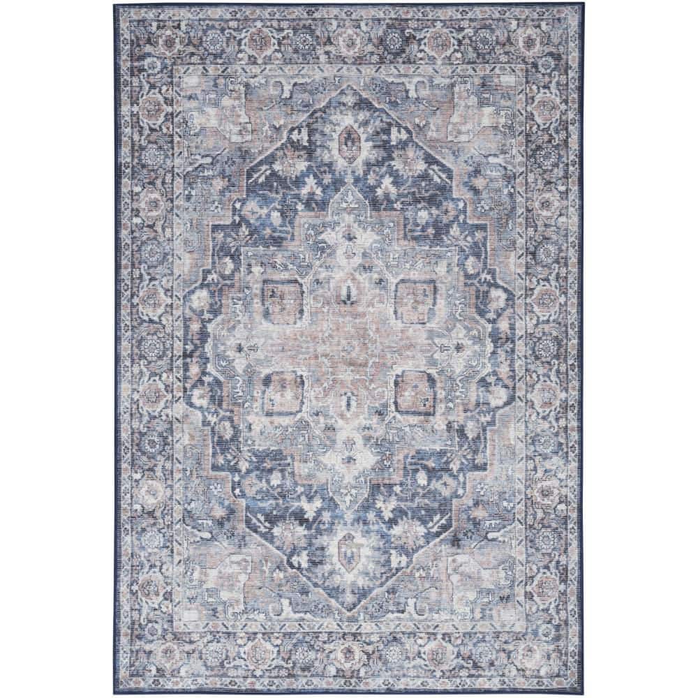 Machine Washable Series 1 Ivory Navy 6 ft. x 9 ft. Distressed Traditional A