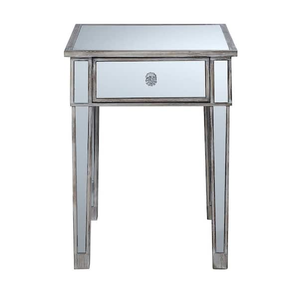 Convenience Concepts Gold Coast 18 in. x 24 in. H Weathered White Square Mirrored End Table with Drawer