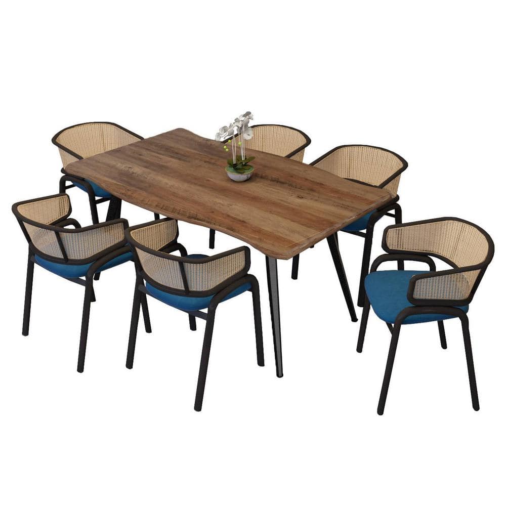 7-Piece Dining Set with 63" Wide Table and 6 Velvet Side Chairs with Wicker Back Ravenna Series (Dark Brown-Navy Blue)