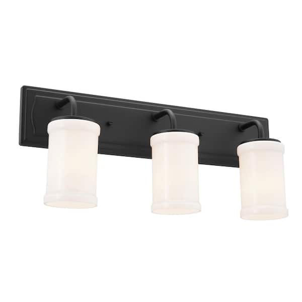Vetivene 24 in. 3-Light Textured Black Vintage Bathroom Vanity Light with Opal Glass Shades