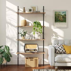 Industrial 65.35 in. H Rustic Brown Particle Board 4-Shelf Wall-Mounted Ladder Shelf with 6-Hooks