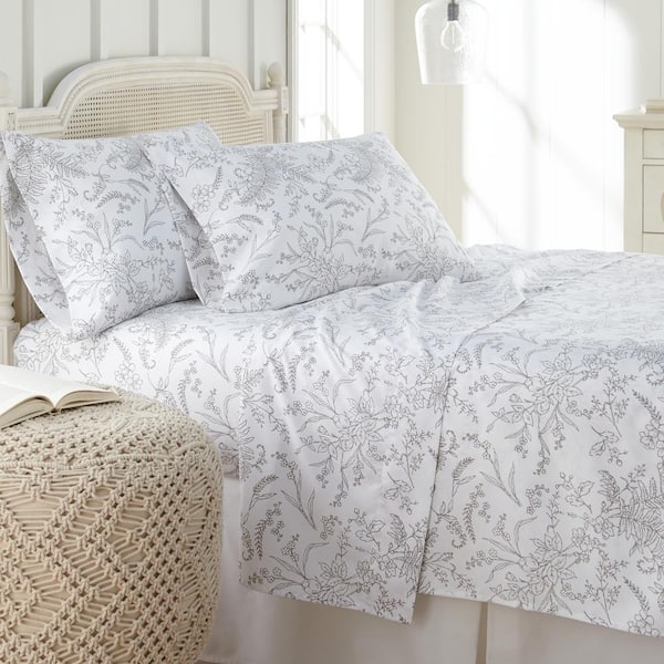 Southshore Fine Linens Winter Brush 4-Piece Grey Botanical on White Microfiber Full Deep Pocket Sheet Set