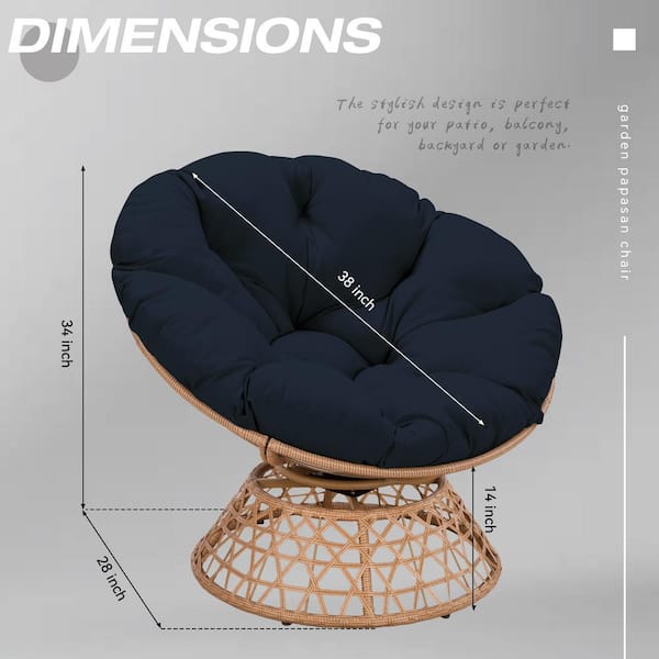 Wicker Outdoor Lounge Chair Papasan Chair with Dark Blue Cushion