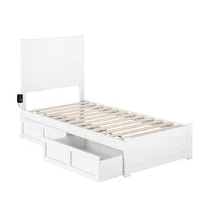 NoHo White Twin Solid Wood Storage Platform Bed with Footboard and 2 Drawers