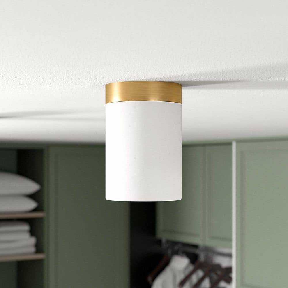 Brushed Brass and White Linen Tube-Shaped Ceiling Light