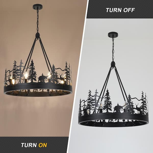 JUSHENG 8-Light Black Ambient Rustic Chandelier Wagon Wheel