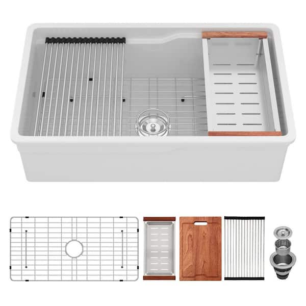 32 in. Undermount Single Bowl White Ceramic Kitchen Sink with Bottom Grids
