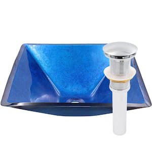 Verdazzurro Bright Blue Glass Square Vessel Sink with Drain in Chrome