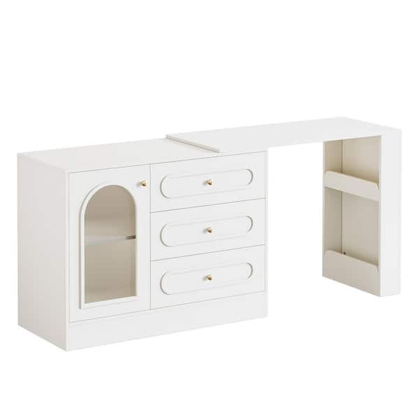 Helotes 39.37 in. Rotatable Makeup Desk White Makeup Vanity Desk with 3 Drawers, Extendable Dressing Table(Only Desk)