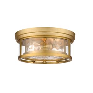 Clarion 12 in. 2-Light Olde Brass Flush Mount with Inner Clear Water and Outer Clear Glass Shade