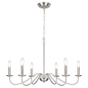 Ercel 6-Light Nickel Dimmable Classic Candle Rustic Linear Farmhouse Chandelier for Kitchen Island with no bulb included
