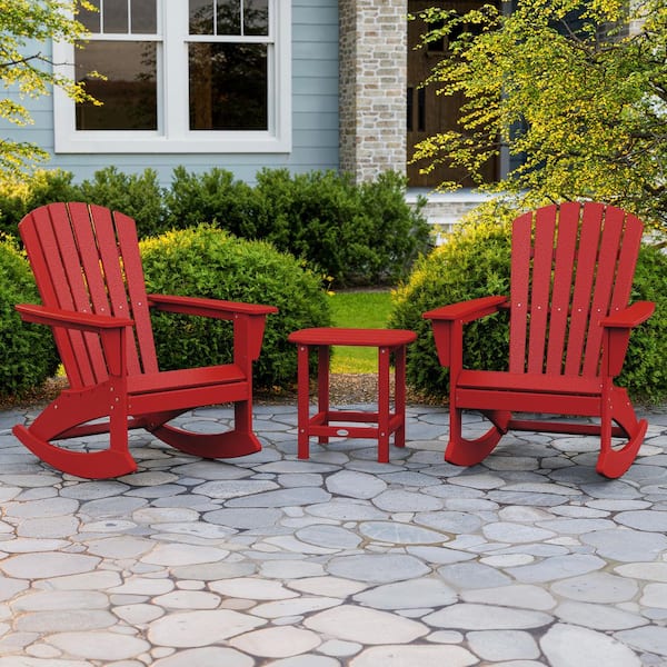 POLYWOOD Grant Park Sunset Red 3-Piece HDPE Plastic Adirondack Outdoor Rocking Chair Patio Conversation Set