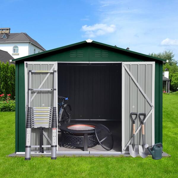 10 ft. W x 8 ft. D Green Metal Storage Shed with Doors for Garden