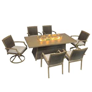 Elsa Rattan 7-Piece Outdoor Patio Conversation Set With 76 in. Propane Gas Fire Pit Table in Brown