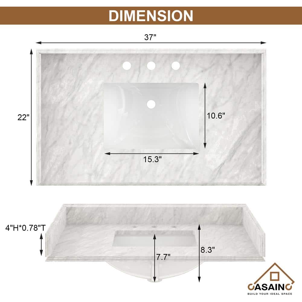 37" White Italian Carrara Marble Vanity Top with Ceramic Sink