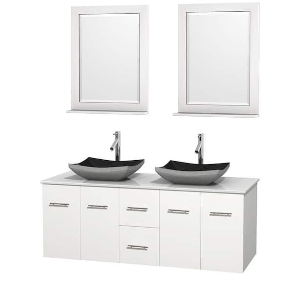 Wyndham Collection Centra 60 in. Double Vanity in White with Solid-Surface Vanity Top in White, Black Granite Sinks and 24 in. Mirrors