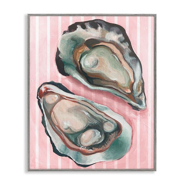 Stupell Industries Oysters on Pink Stripes by Daphne Polselli Gray Framed Animal Giclee Art Print 20 in. x 16 in.