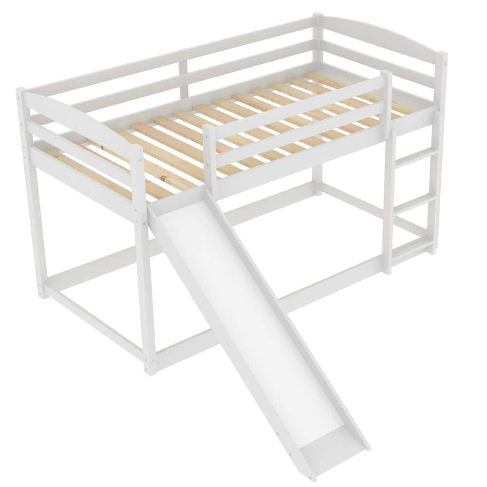White Twin-over-Twin Bunk Bed with Slide and Storage Drawers