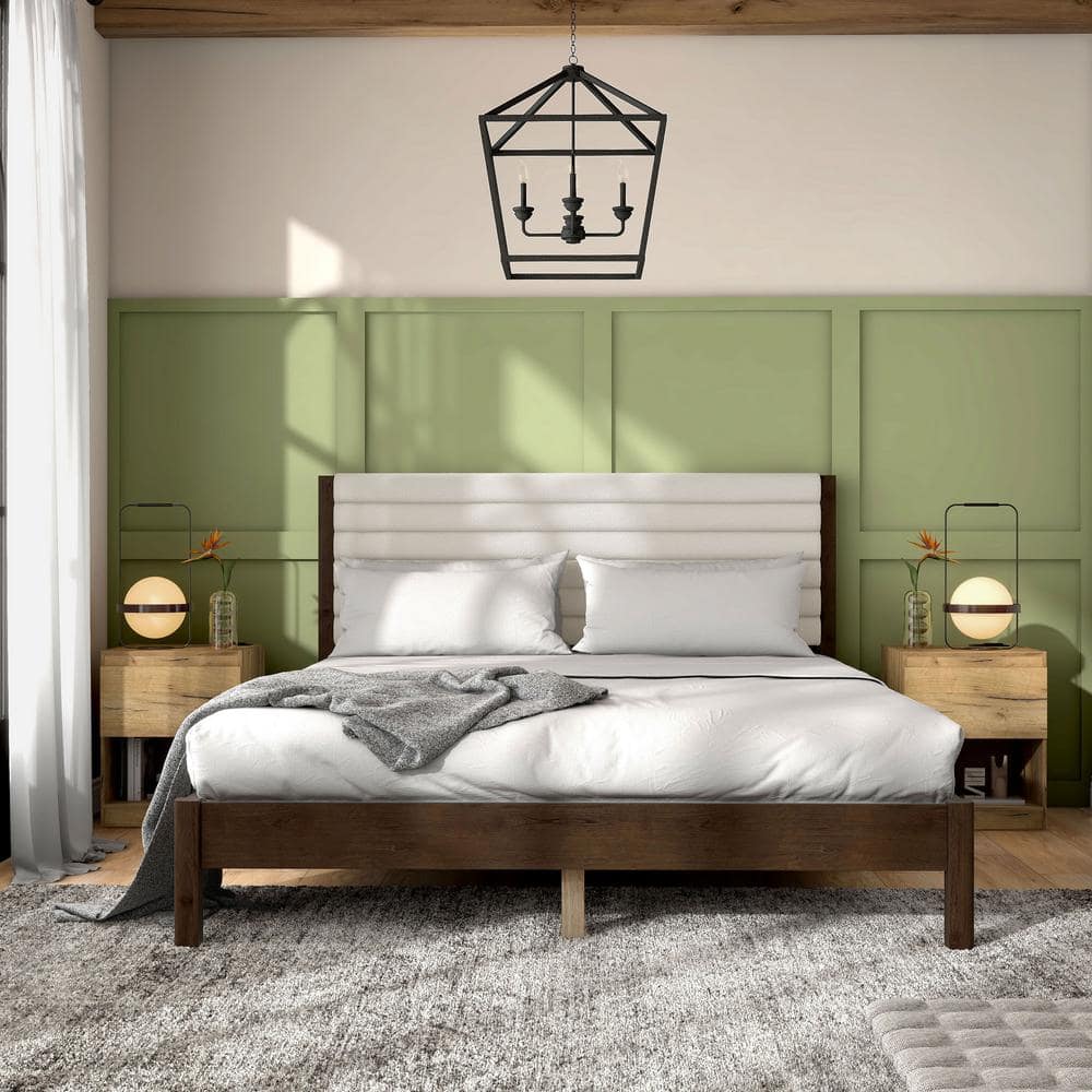 Adin Queen Dark Walnut Wood Frame Bed with White Boucle Upholstered Headboard