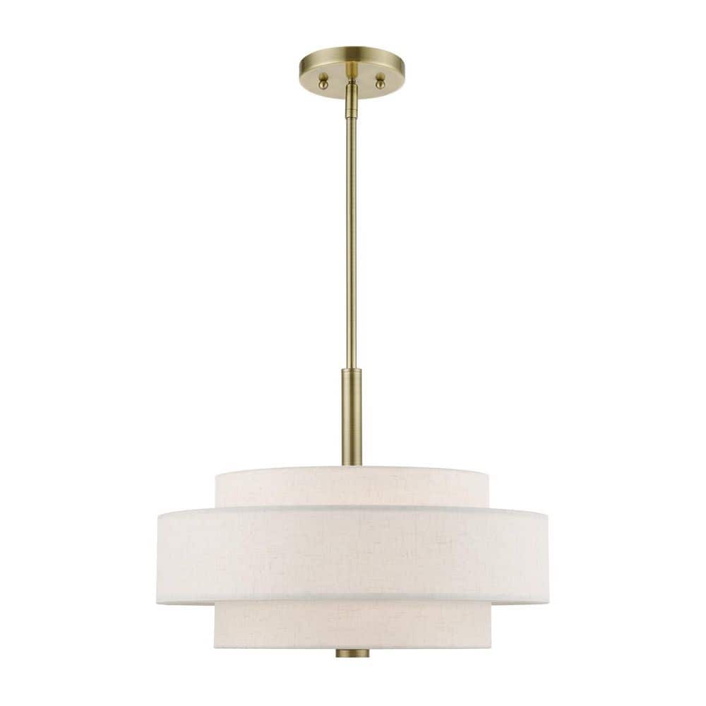 Mini Monroe Antique Brass 4-Light Drum Pendant with Oatmeal Shade