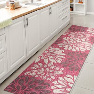 Zinnia Modern Floral Textured Weave Fuchsia/Light Gray 2 ft. x 10 ft. Indoor/Outdoor Area Rug