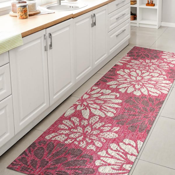 JONATHAN Y Zinnia Modern Floral Textured Weave Fuchsia/Light Gray 2 ft. x 10 ft. Indoor/Outdoor Area Rug