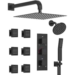 His and Hers Dual Showers 12 in. 6-Jet High Pressure Shower System with Hand Shower, Anti-Scald Valve in Matte Black
