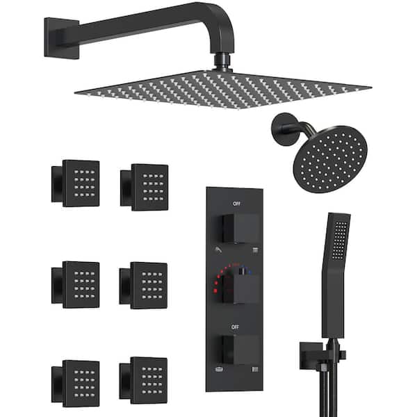 GRANDJOY His and Hers Dual Showers 12 in. 6-Jet High Pressure Shower System with Hand Shower, Anti-Scald Valve in Matte Black