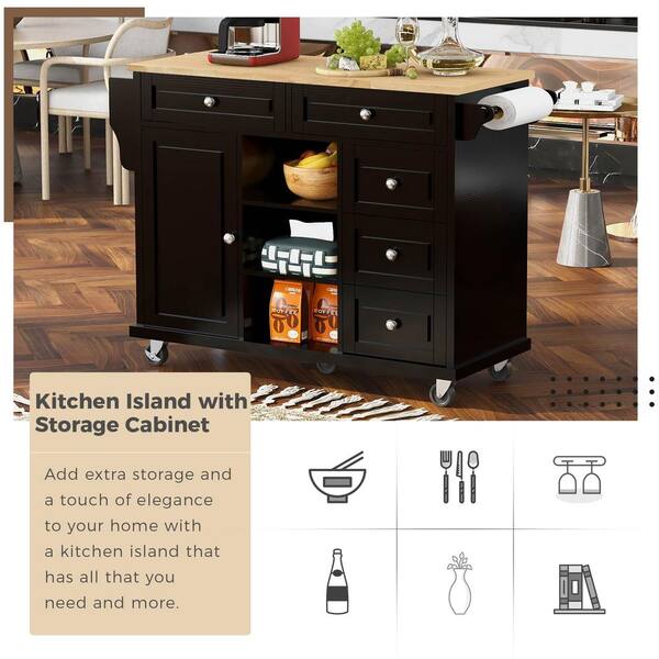 White Wood 53.9 in. Kitchen Island with Extensible Rubber Wood Table Top  With 3-Big Drawers LH-656 - The Home Depot