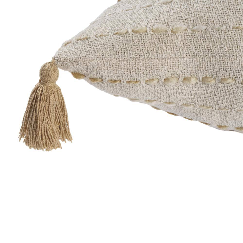 Beige Striped Hand-Woven Cotton Blend Square Throw Pillow