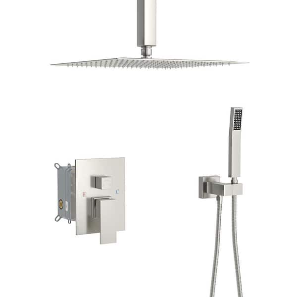 Unbranded Single Handle 1-Spray Ceiling Mount 12in. Shower Faucet 1.8 GPM with Pressure Balance in. Brushed Nickel(Valve Included)