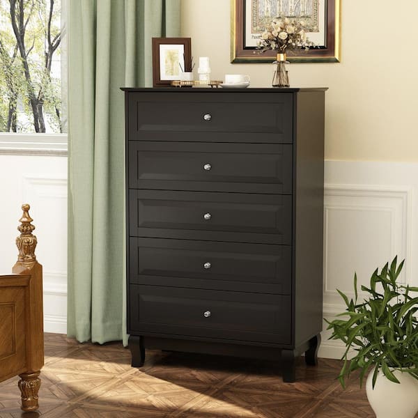 5-Drawer Black Wood Kids Dresser Nursery Dresser 47.2 in H x 31.5 in. W x 15.7 in. D