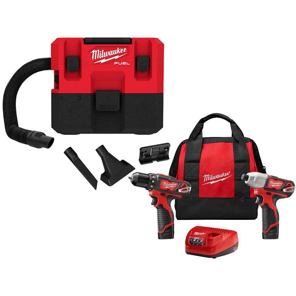 Milwaukee M12 FUEL 12-Volt Lithium-Ion Cordless 1.6 Gal. Wet/Dry Vacuum w/M12 Drill and Impact Driver Kit w/Batteries and Charger, Reds/Pinks -  0960-2494-22