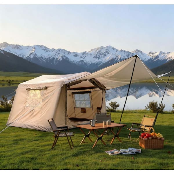 LuckByte 10.5 ft. x 8.2 ft. Beige Camping Tent with canopy, Hand