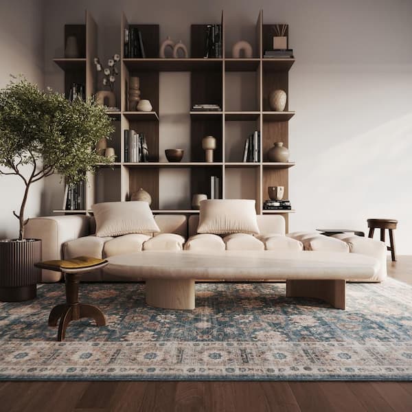 Aisling Bordered Traditional Washable Area Blue 6 ft. x 9 ft. Indoor Area Rug