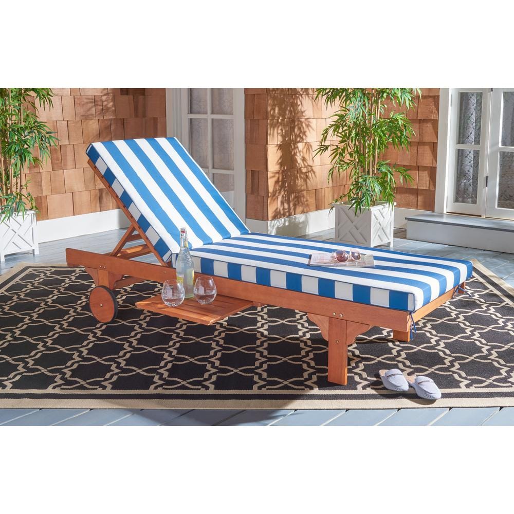 Natural Eucalyptus Wood Chaise Lounge with Blue and White Cushions