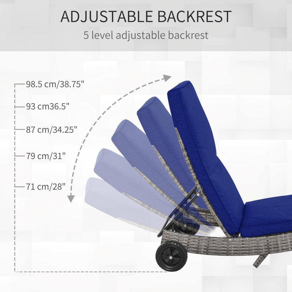 Dark Blue Wicker Outdoor Chaise Lounge with Adjustable Backrest