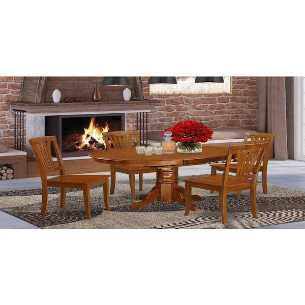 East West Furniture 5-Piece Oval Saddle Brown Finish Solid Wood Top Dining table with 4 Chairs with Lattice Back
