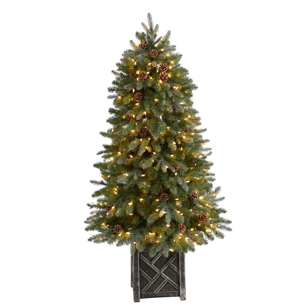 Nearly Natural 5 ft. LED Fir Flocked Dusted Artificial Christmas Tree with 300-Lights, 514 Bendable Branches and Pinecones in Planter