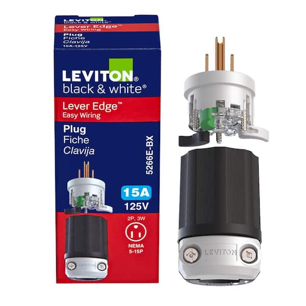 Black & White Lever Edge 15 Amp 125 Volt Straight Blade Plug, NEMA 5-15P,  2P, 3W, Industrial Grade 5266E-BX
