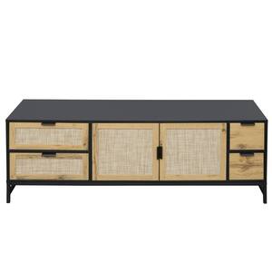 59.09 in. W x 15.79 in. D x 21.69 in. H TV Stand Black Linen Cabinet with Rattan Doors, Drawers, Adjustable Shelf